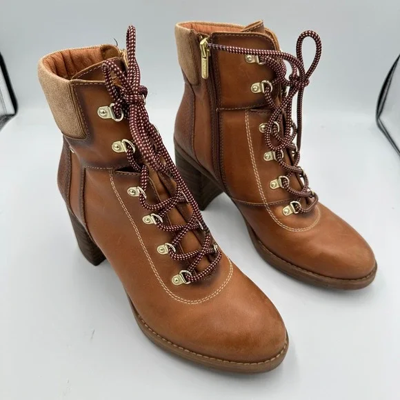 Pikolinos Brown Cognac Leather Lace Up Ankle Boots Block Heel Casual Comfort - Picture 3 of 12
